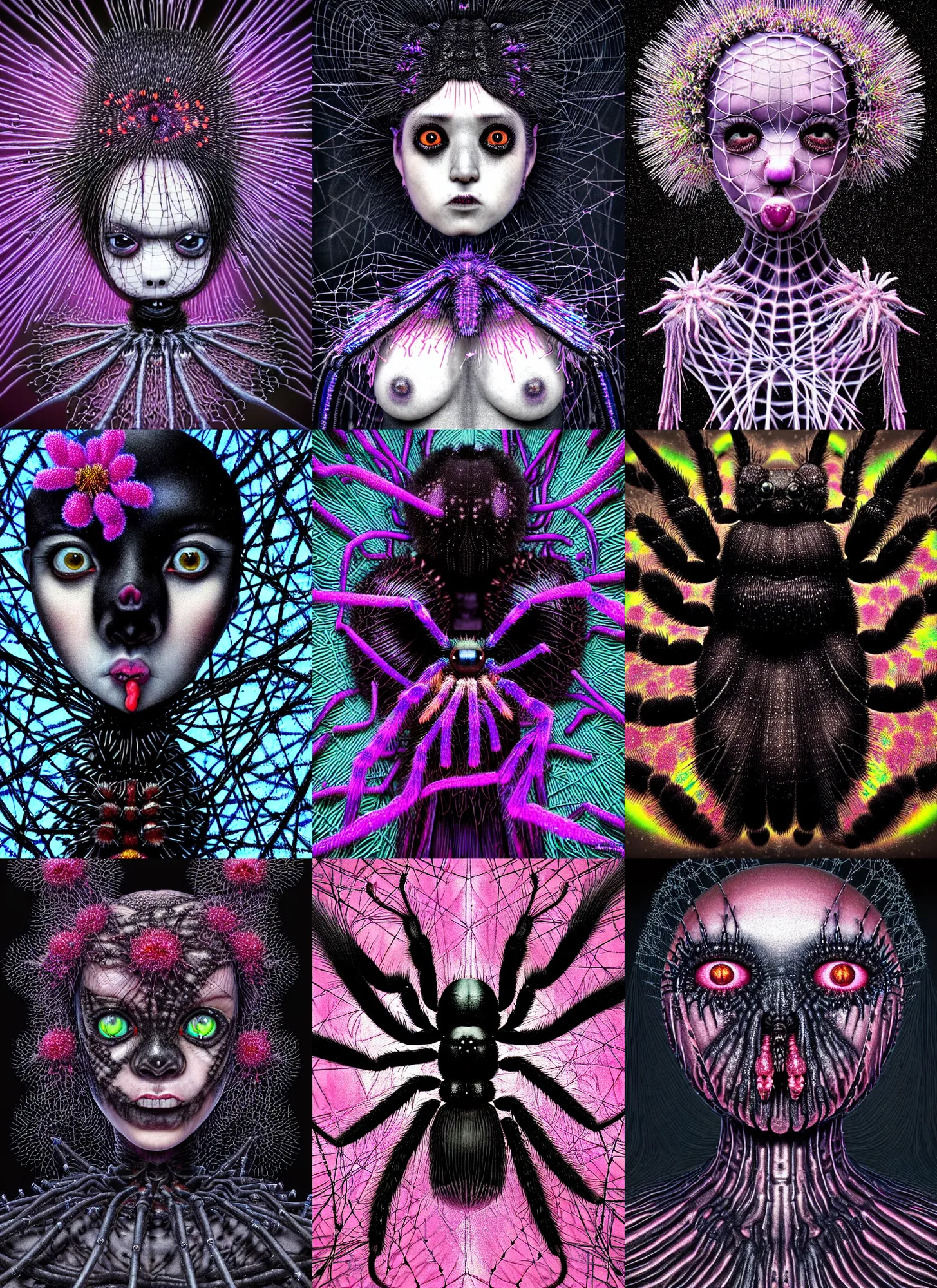 Prompt: hyper detailed 3d render like a dark Oil painting - kawaii portrait Aurora (a black haired tarantula headed sharp symmetrical flapper-girl from Hellraiser) seen Eating of the Strangling network of (charcoal and ben day dots) and milky Fruit and Her delicate pedipalps hold of gossamer polyp blossoms bring iridescent fungal flowers whose spores black the foolish stars by Jacek Yerka, Ilya Kuvshinov, Glenn Barr, Mariusz Lewandowski, Houdini algorithmic generative render, Abstract brush strokes, Masterpiece, Edward Hopper and James Gilleard, Zdzislaw Beksinski, Mark Ryden, Wolfgang Lettl, hints of Yayoi Kasuma, octane render, 8k