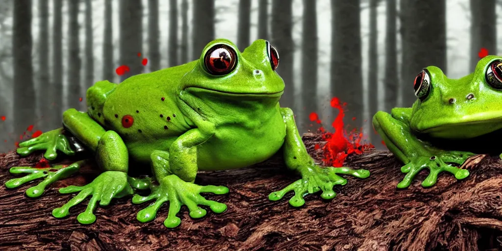 Image similar to horrifying huge robot - frog with blood dripping from it's mouth coming at you in old birch forest, movie scene, movie lighting, detailed, realistic