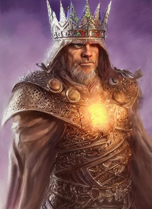 Prompt: good kind king wearing a crown, ultra detailed fantasy, dndbeyond, bright, colourful, realistic, dnd character portrait, full body, pathfinder, pinterest, art by ralph horsley, dnd, rpg, lotr game design fanart by concept art, behance hd, artstation, deviantart, hdr render in unreal engine 5