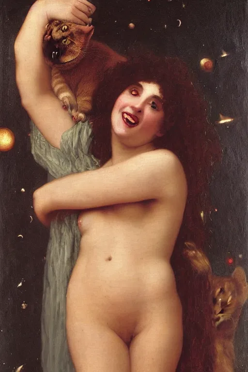 Prompt: a renaissance oil painting by alma tadema of demonic vampire evil woman with mischievous smile and fish eyes hugging a large fluffy cat, colourful pastel trending artstation, detailed portrait academic bouguereau high shadow contrast medium shot, sharp focus cosmic nebula background