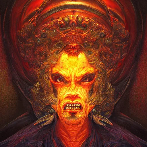 Prompt: Photorealistic demonic god in the style of Michael Whelan and Gustave Dore. Hyperdetailed photorealism, 108 megapixels, amazing depth, glowing rich colors, powerful imagery, psychedelic Overtones, 3D finalrender, 3d shading, cinematic lighting, artstation concept art