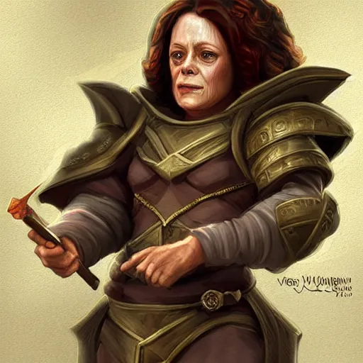 Image similar to sigourney weaver as a d & d dwarven cleric, fantasy art, digital art, character portrait, by wlop