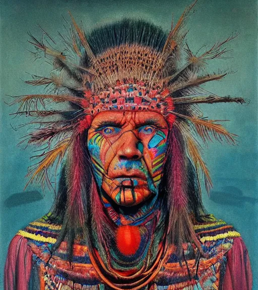 Prompt: Portrait painting in a style of Beksinski mixed with Alex Grey of an old shaman dressed in a colorful traditional clothes. Symmetry