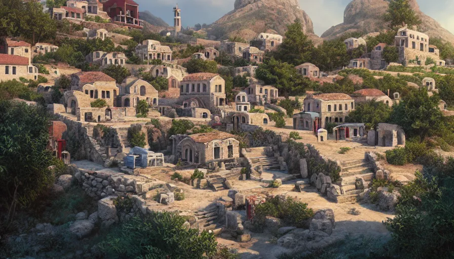 Prompt: very very small greek village, by ilya kuvshinov, rtx rendering, octane render 1 2 8 k, maya, extreme high intricate details by tom bagshaw, medium shot, close up shot, composition by sana takeda, lighting by greg rutkowski