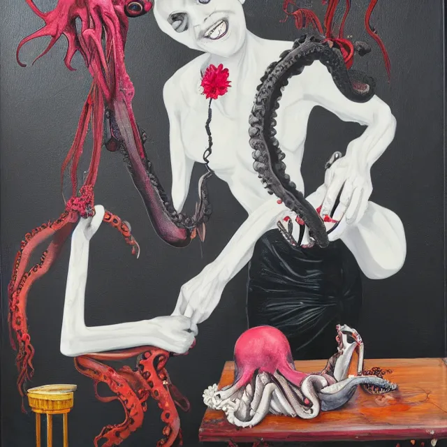 Image similar to empty room with black walls, a portrait of a female pathologist holding an octopus, intravenous drip, wilted flowers, pomegranate, berry juice dripping, neo - expressionism, surrealism, acrylic and spray paint and oilstick on canvas