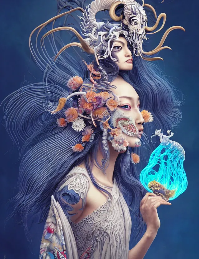 Image similar to 3 d goddess half - turn portrait with long hair with ram skull. beautiful intricately detailed japanese crow kitsune mask and clasical japanese kimono. betta fish, jellyfish phoenix, bio luminescent, plasma, ice, water, wind, creature, artwork by tooth wu and wlop and beeple and greg rutkowski