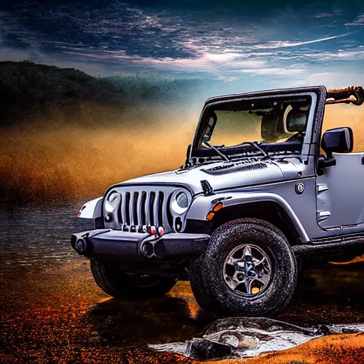 Prompt: digital art of a 1997 hardtop white Jeep Wrangler drowning in quicksand, beautiful iridescent fog swallows the dirty swamp, gritty, Venom liquid grabs at the Jeep, cinematic, extraordinary colorful landscape, photorealistic, soft vintage glow