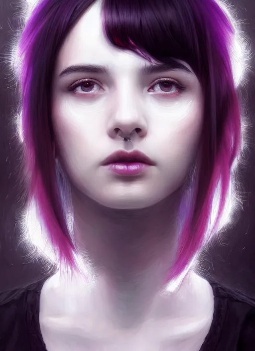 Image similar to portrait of teenage girl, red irises, bangs, black and white hair, white bangs, purple clothes, white bangs, two color hair, black hair and white bangs, intricate, elegant, glowing lights, highly detailed, digital painting, artstation, concept art, smooth, sharp focus, illustration, art by wlop, mars ravelo and greg rutkowski