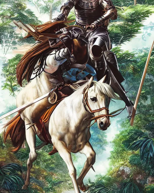 Prompt: ultrareallistic illustration of a spanish conquistador riding a horse in a dense jungle, art by clay mann and takeshi obata, studio ghibli color cheme, portrait, tarot card, sharp focus, unreal engine, detailed, realistic, face