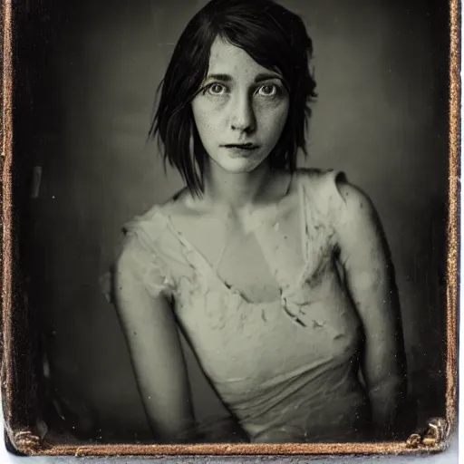 Prompt: unconventionally attractive young woman with short hair, wet plate photography, facial closeup, studio lights, collodion, daugerrotype