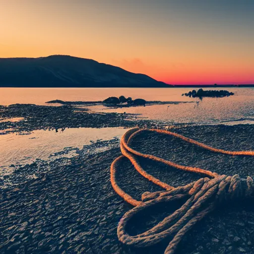 Image similar to cinematic wide shot of a lake with a rocky foreground, sunset, a bundle of rope is in the center of the lake, leica, 2 4 mm lens, 3 5 mm kodak film, f / 2 2, anamorphic