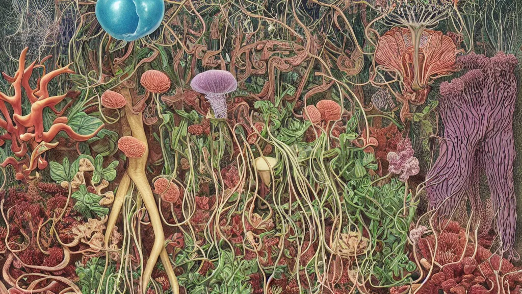 Prompt: highly detailed illustration human anatomy with all the known species of plants, flowers, corals, mushrooms and jellyfish by juan gatti, by moebius!, by oliver vernon