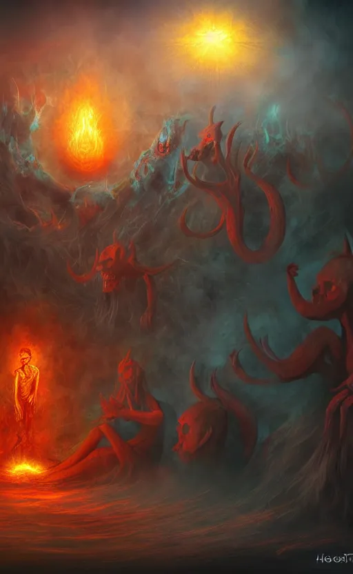 Prompt: Meeting God in hell, digital art, trending on art station