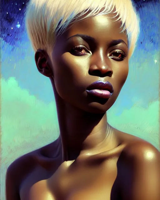 Image similar to african woman with platinum blonde buzzed hair, brown eyes, beautiful girl, close up portrait, moonlight, highkey, realistic, serov, surikov, vasnetsov, repin, kramskoi, paint texture, low aperature, insanely detailed, charlie bowater, tom bagshaw, octane rendered, unreal engine, illustration, trending on artstation, masterpiece