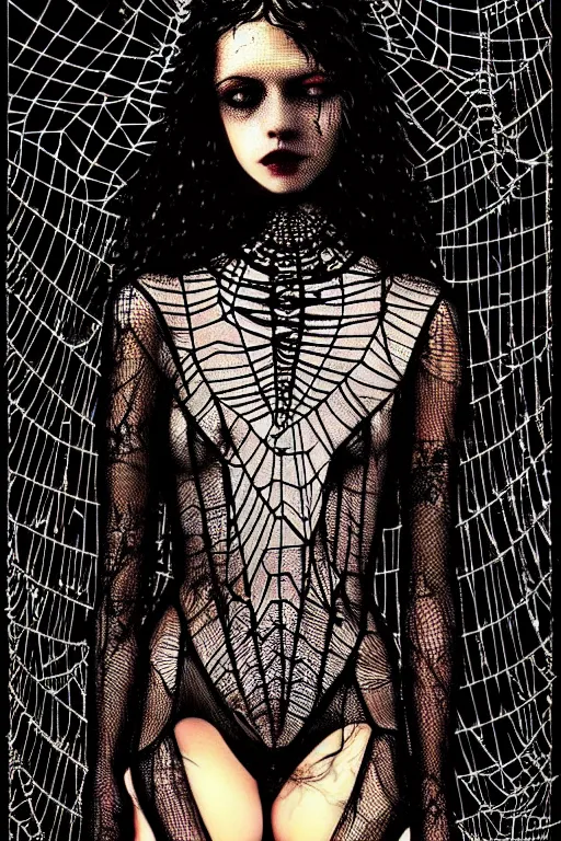 Prompt: dreamy gothic girl, black leather slim clothes, chains, covered in spider web, beautiful body, detailed acrylic, grunge, intricate complexity, by dan mumford and by alberto giacometti, peter lindbergh