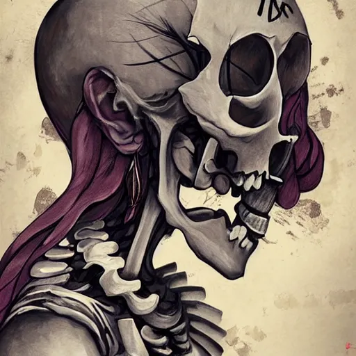 Image similar to anime manga skull portrait young woman skeleton, cuphead, painterly, logo, graffiti, elegant, highly detailed, digital art, art by jc leyendecker and sachin teng