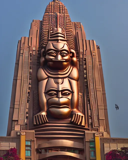 Image similar to high quality 3 d art deco biomorphic hanuman! head building in mumbai!! centre, highly detailed, cinematic smooth, berenice abbott & john j. park, dramatic warm morning light, wide shot, high angle, uhd 8 k, sharp focus