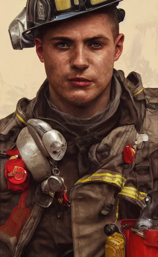 Image similar to portrait of a male firefighter wearing a firefighter suit, bruised, covered in dirt, confident and proud, intricate, headshot, highly detailed, digital painting, artstation, concept art, sharp focus, cinematic lighting, illustration, art by artgerm and greg rutkowski, alphonse mucha, cgsociety