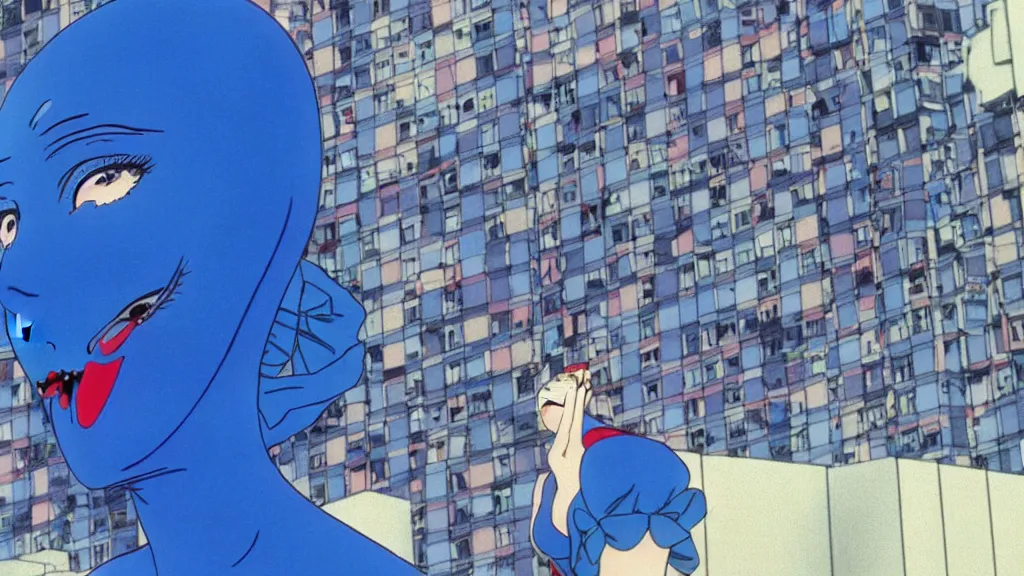 Image similar to a woman in a blue dress wearing a blue mantra ray mask falling from a building in Tokyo , anime film still from the an anime directed by Katsuhiro Otomo with art direction by Salvador Dalí, wide lens