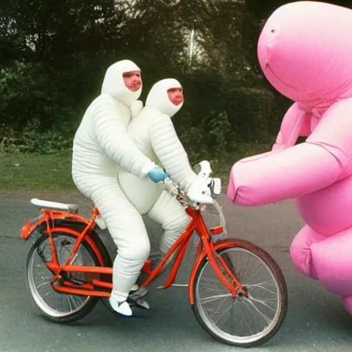 Image similar to a martin parr photo of a grandpa couple, wearing michelin man white body costumes, riding a pink pig, 1 9 7 0 s kodachrome colour photo, flash on camera,