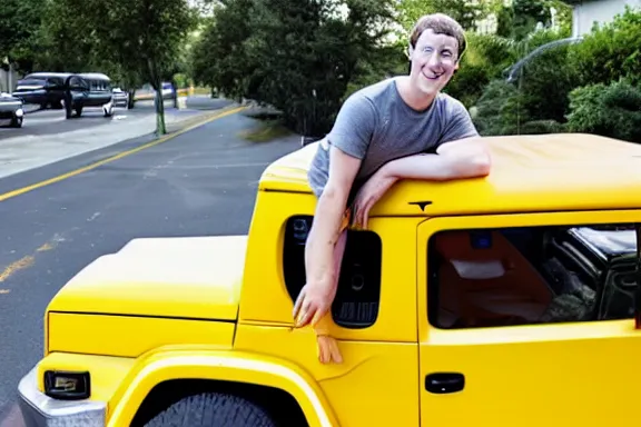 Prompt: mark zuckerberg laying on the hood of a yellow jeep in a suburban neighborhood