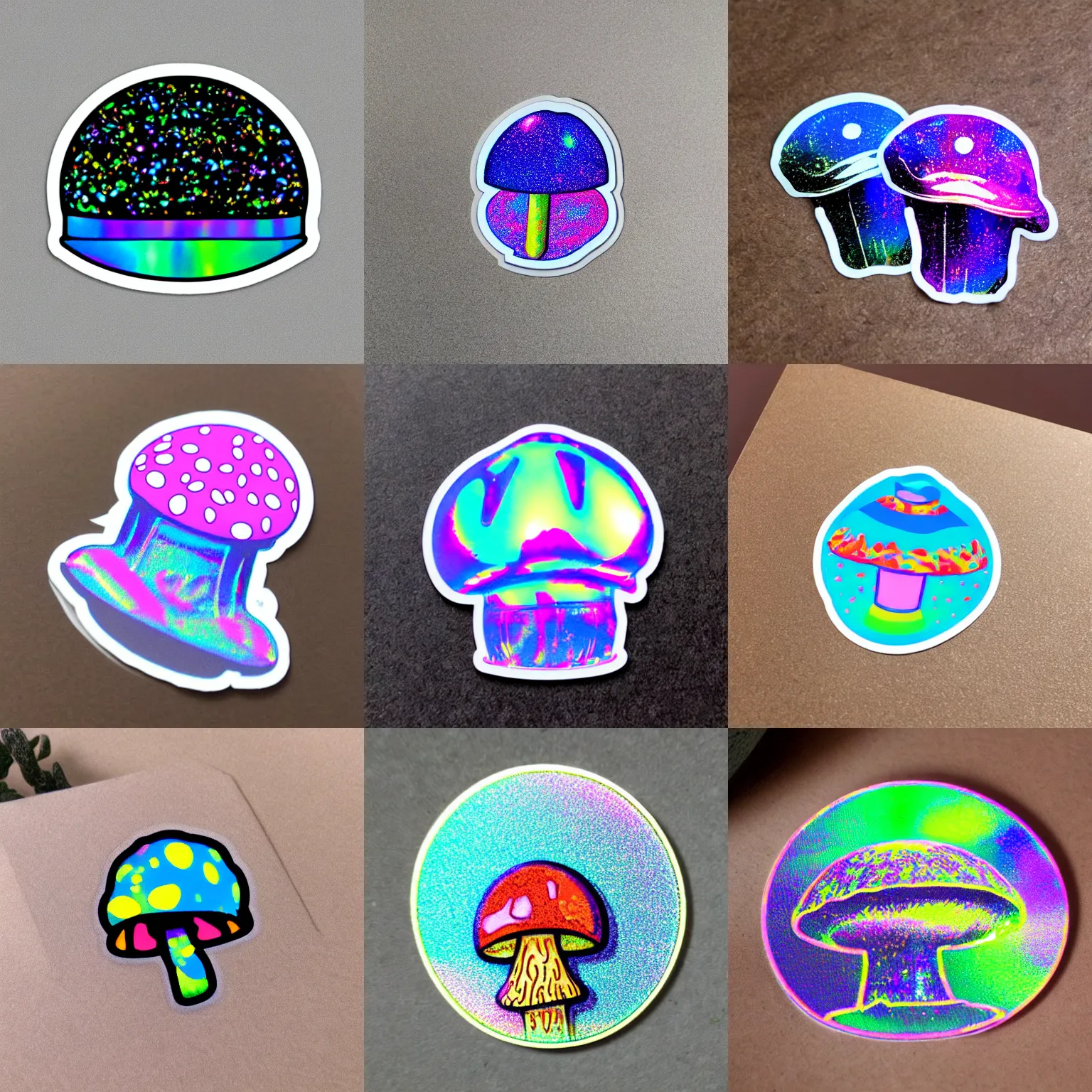 Prompt: holographic foil mushroom sticker