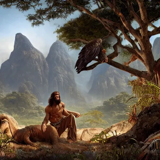 Image similar to a detailed matte painting of a ridiculously good looking jesus who is hunting in the prehistoric jungle with his pet falcon, elegant ancient greek dress, jungle as the background, very detailed, beautiful, intricate, art by greg rutkowski and robert e howard, octane render