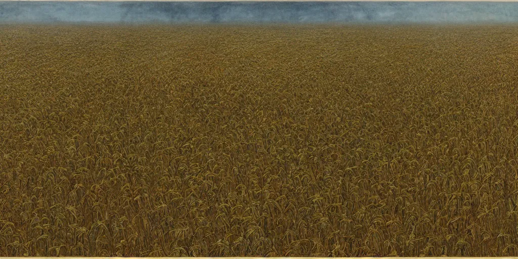 Image similar to Artwork by John Howe of the cinematic view of an insect-covered field of crops