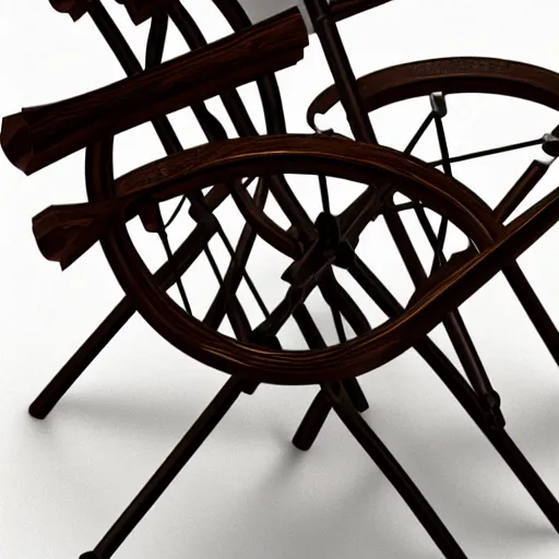 Image similar to cad image of a wooden chair with three cross - spokes and six back - irons, from a furniture magazine, with label and price tag