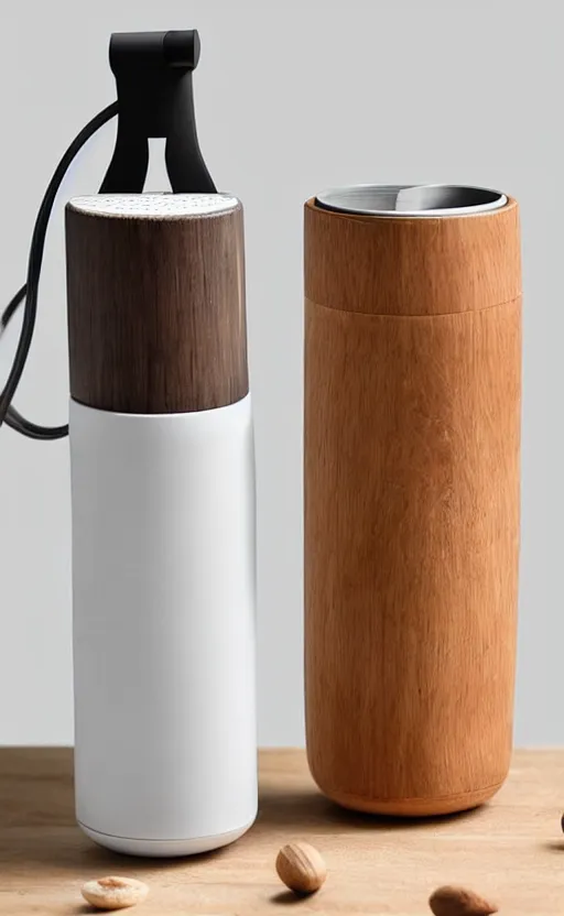 Image similar to a stylish handheld electric beverage mixer ; natural materials ; industrial design ; behance ; le manoosh ; pinterest ; if design award ; reddot design award