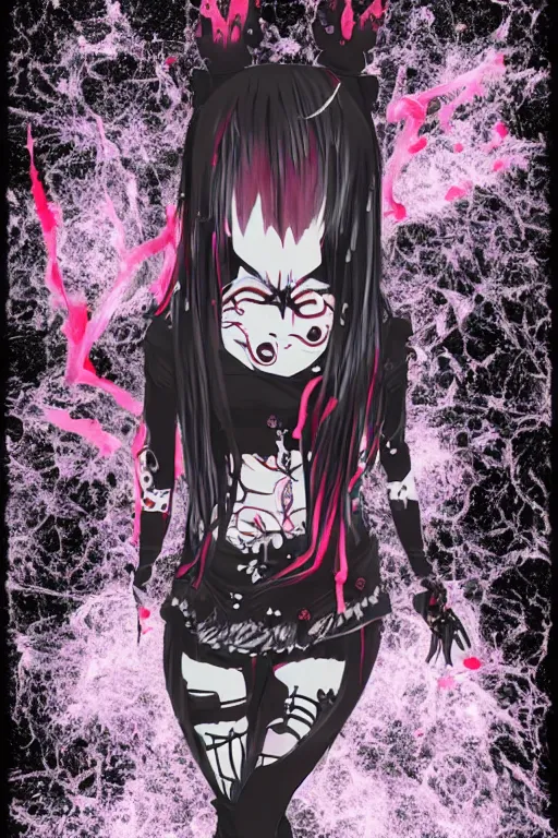 Image similar to glitchcore yokai girl, shadowverse character concept, found footage horror, glitter gif | Fatalistic (Bleak, Gloomy) | The red dump has nothing but bleak black industrial music to accompany it. | spiked korean bloodmoon sigil stars draincore, gothic demon hellfire hexed witchcore aesthetic, dark vhs gothic hearts, neon glyphs spiked with red maroon glitter breakcore Y2K horrorcore metal album cover