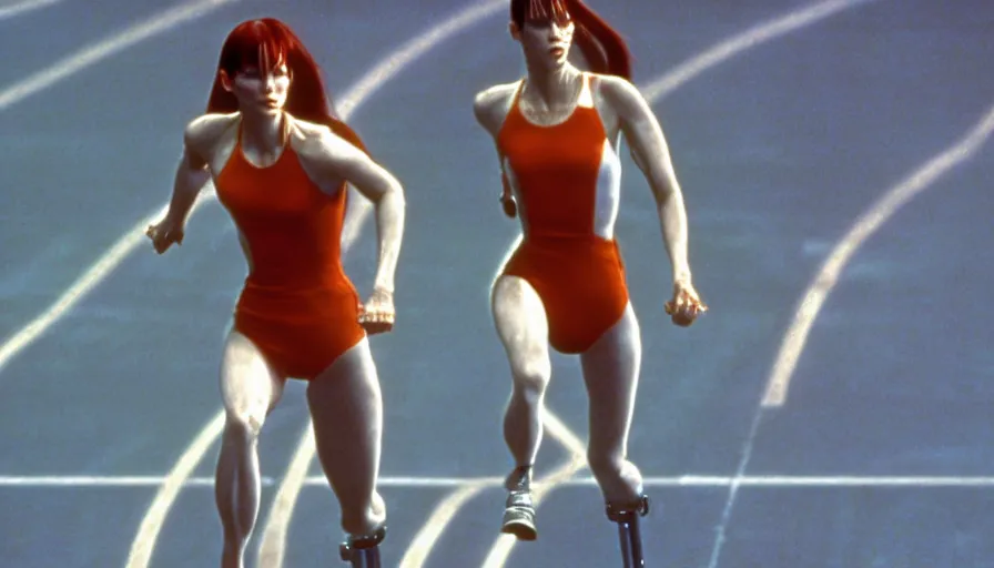 Prompt: The matrix, LeeLoo, Starship Troopers, Clarice Starling, 1960'Olympics footage, hurdlers in a race with robotic legs, intense moment, cinematic stillframe, shot by Roger Deakins, The fifth element, vintage robotics, formula 1, starring Geena Davis, clean lighting