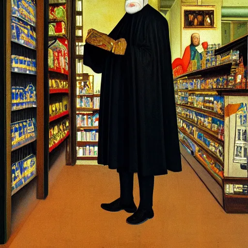 Prompt: jan van eyck style oil painting of slim tall bald man with sunglasses and a beard wearing a t - shirt in a busy supermarket