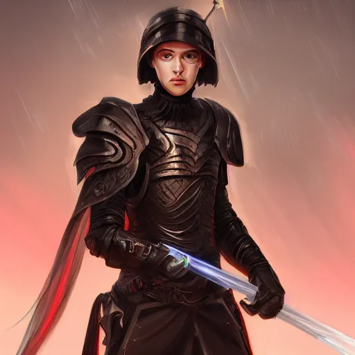 Image similar to portrait of an teenager in black ceremonial armor with a glowing black laser sword, D&D, fantasy, elegant, hopeful, muscular, highly detailed, digital painting, artstation, concept art, smooth, sharp focus, illustration