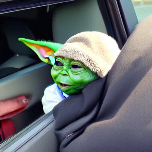 Image similar to baby yoda hanging out of car window screaming at drive thru ordering menu