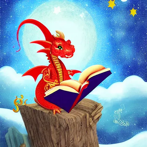Prompt: cute dragon reading book with starry background, detailed, digital art