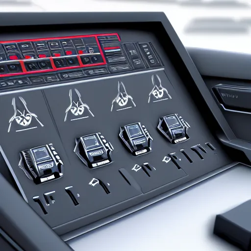 Image similar to photorealistic control panel in a car featuring ejection seats, weapons control, and hyperdrive, realistic, 8 k resolution, front view