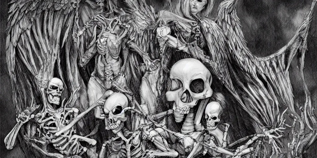 Image similar to i, Sandman and Lucifer in purgatory, skeletons on the ground, high definition, 8k, details, trending on artstation