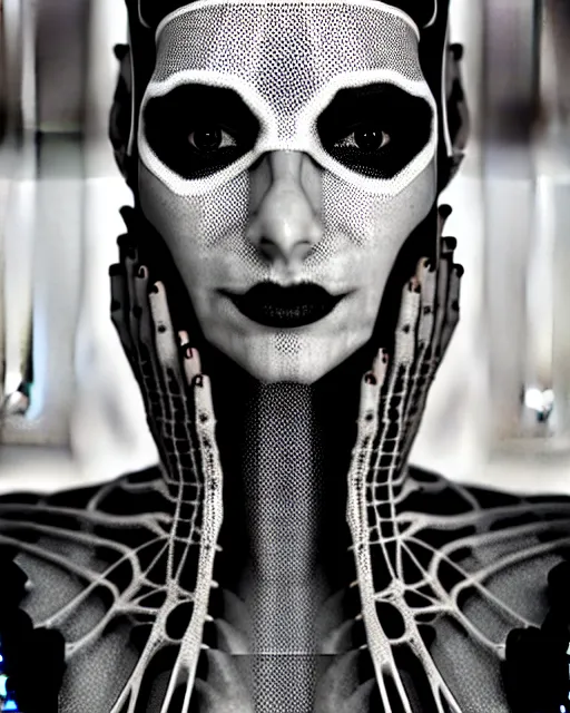 Prompt: black and white cyborg-plant goddess high quality fashion portrait, artificial intelligence, bio-mechanical bio-luminescence, artificial spider web, neurons, nerve cells, octane render, cinematic, hyper realism, photo-realistic, high detail, 8k, in the style of Steven Meisel and Dora Maar and H.G. Giger