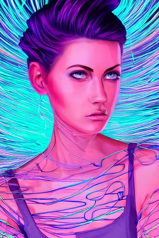 Image similar to a award winning half body portrait of a beautiful woman with stunning eyes in a croptop and cargo pants with ombre purple pink teal hairstyle and hands in pockets by thomas danthony, surrounded by whirling illuminated lines, outrun, vaporware, shaded flat illustration, digital art, trending on artstation, highly detailed, fine detail, intricate