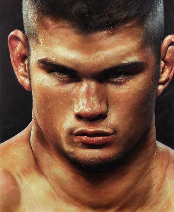 Prompt: portrait of a handsome young brazilian ufc fighter, art by denys tsiperko and bogdan rezunenko, hyperrealism