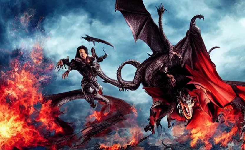 Image similar to wizard keanu reeves fighting a dragon on a fantasy battlefield