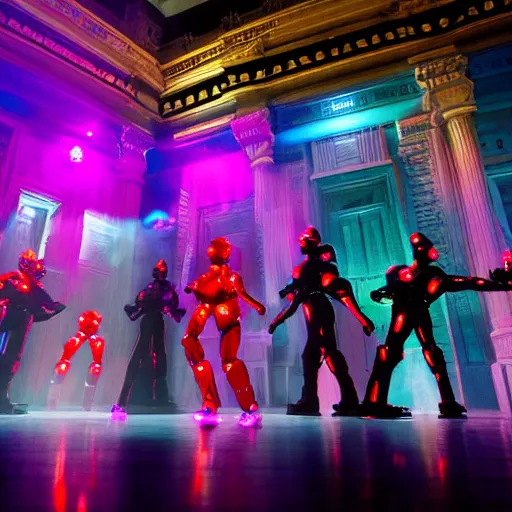 Prompt: <photo hd stunning dslr location='palace theater' lighting=vibrant>robots dancing in the style of thriller</photo>