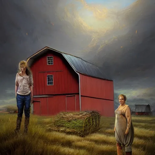 Image similar to full body portrait of a female farmer, untidy hair, highly detailed, dirty face, next to a red barn, digital painting, artstation, concept art, soft focus, depth of field, artgerm, tomasz alen kopera, peter mohrbacher, donato giancola, joseph christian leyendecker, wlop, boris vallejo