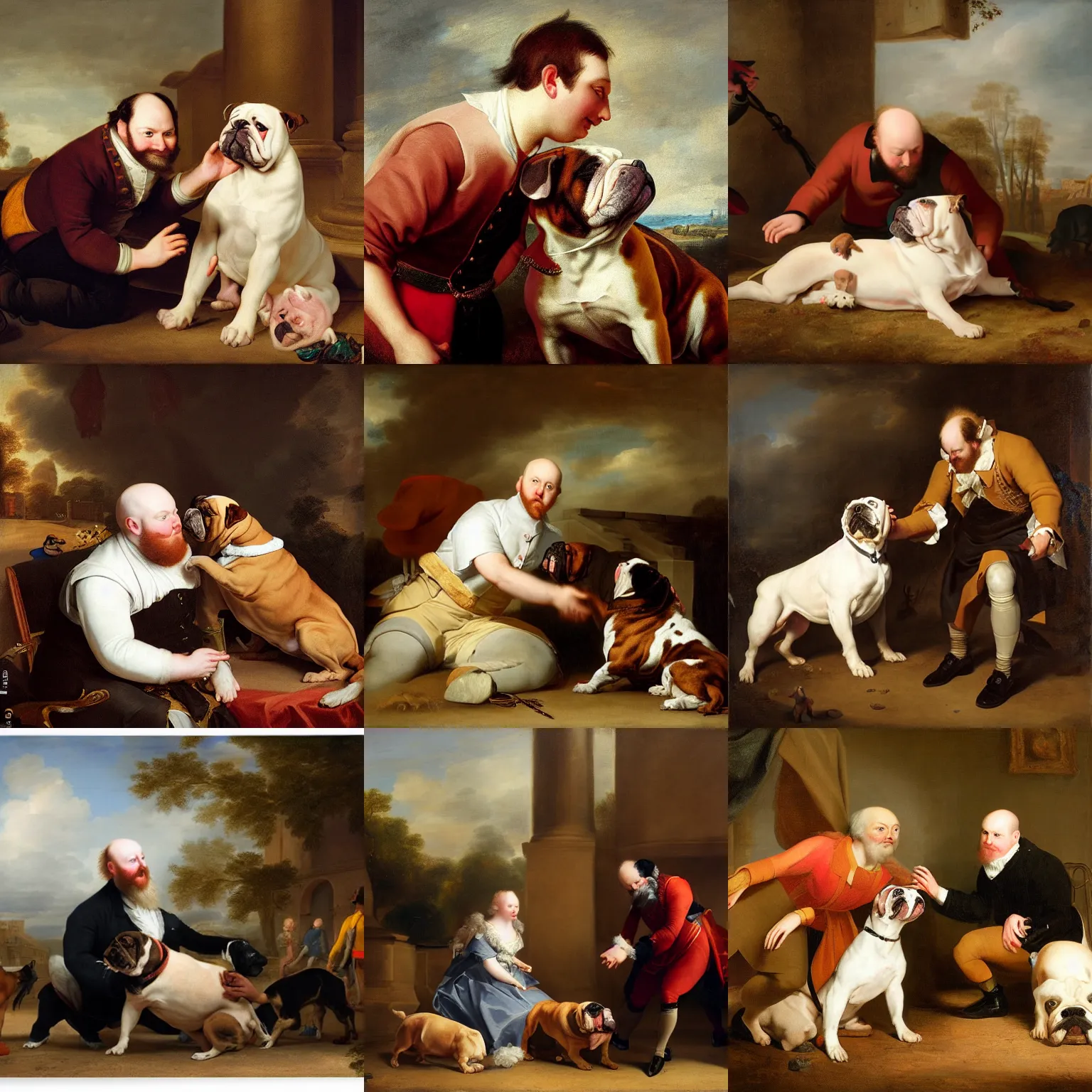 Prompt: playful portrait of angriestpat petting a brown english bulldog by joseph ducreux