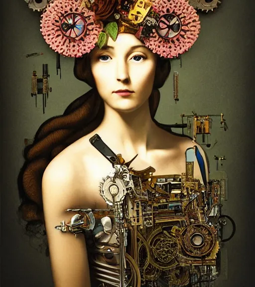 Image similar to portrait of a beautiful young cyborg woman with a big steampunk flower crown and part mechanical face , Metropolis, by Leonardo Da Vinci in the style of Man Ray