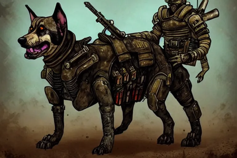 Prompt: a good ol'hound dog fursona ( from the furry fandom ), heavily armed and armored facing down armageddon in a dark and gritty version from the makers of mad max : fury road. witness me.