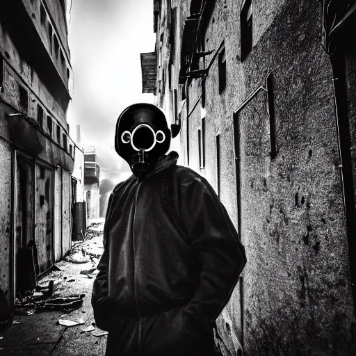 Prompt: A misterious man wearing a gas mask using a flashlight is standing on the midle of a stair alley looking in the direction of the camera :: outside, blue sky visible :: Ruined city with vegetation and trees growing all over the place in the distroyed buildings :: apocalyptic, shadowy, disolate :: A long shot, low angle, dramatic backlighting, simetric photography, night time, slighty colorful :: cinematic shot, very detailed