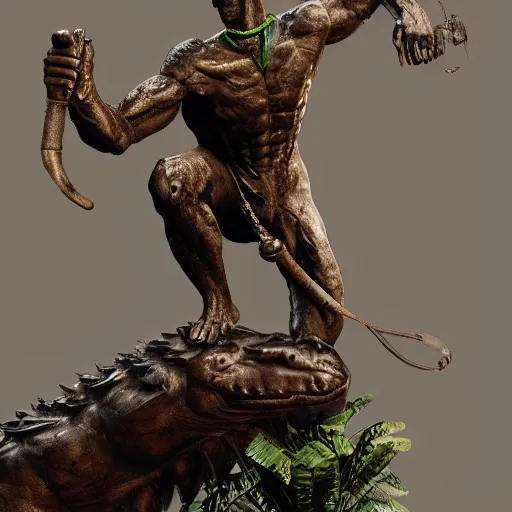 Prompt: Statue of man with crocodile on his back in misty jungles, 8k, detailed, concept art, trending on artstation