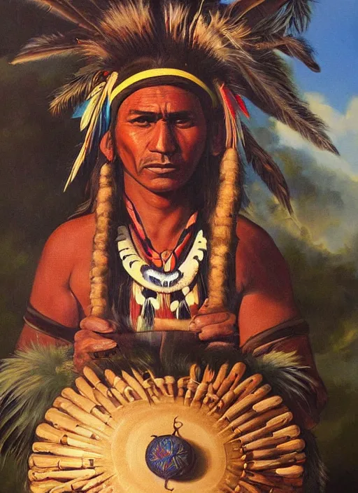 Prompt: a beautiful painting of an indigenous man holding a highly decorated round shamanic drum, fantasy art, matte painting